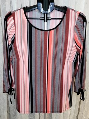 Roz & Ali Striped Cut Out Sleeve Edgy Tie Cuff Blouse L Black Pink Spring